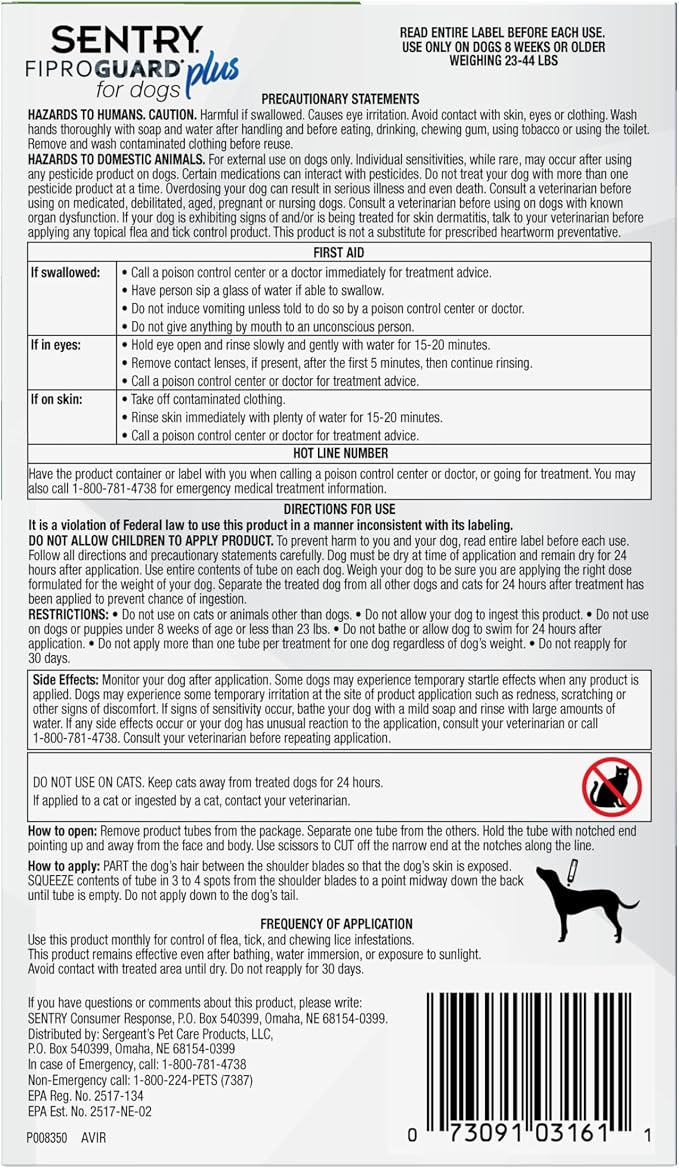 Sentry Fiproguard Plus for Dogs, Flea and Tick Prevention for Dogs (23-44 Pounds), Includes 3 Month Supply of Topical Flea Treatments