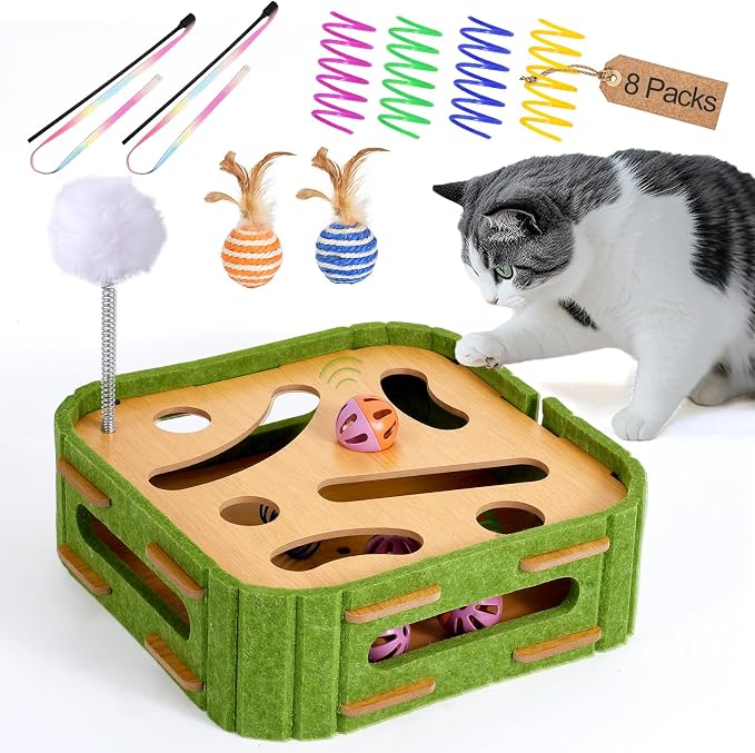 Cat Puzzle Box Toy for Indoor Cats Boredom Relief Interactive Wooden Cat Enrichment Maze with Jingle Balls, Feather Wands & Spiral Springs, Slow Feeder Treat Dispenser for Kittens & Adult Cats