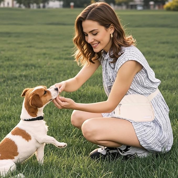 Dog Treat Pouch Pet Training Walking Fanny Pack with Built-in Poop Bag Dispenser & Waste Bag Holder | Stylish Puppy Training Essentials Supplies | Free Dog Clicker (Cream)