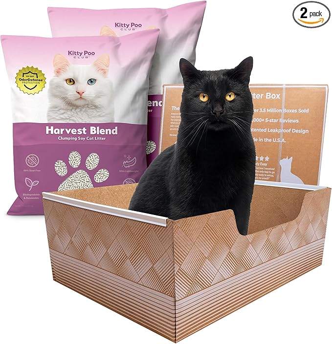Kitty Poo Club Leak-Proof Disposable Cat Litter Box 2-Pack with 2 Bags Harvest Blend Soy Litter, Biodegradable Soft Clumping, Gentle on Paws, Perfect for Travel, and Multi-Cat Homes