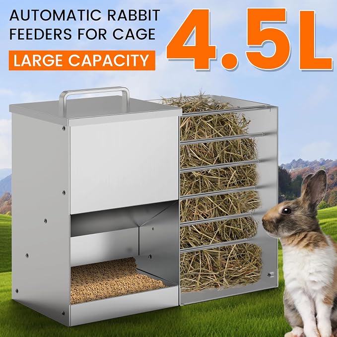 Automatic Rabbit Feeders for Cage Hay Feeder 4.5L Bunny Feeder Stainless Steel Rabbit Food Dispenser for Guinea Pig Squirrel Small Animals Trough