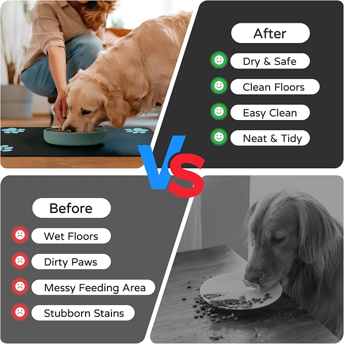 Pet Feeding Mat-Absorbent Dog Feeding Mat for Food and Water Bowl,No Stains Pet Placemat,Quick Drying Water Dispenser Mat for Dog and Cat,Easy to Clean Dog Accessories(M,Black Blue Paw)