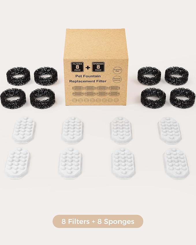 Neareal Official 8 Pack Cat Water Fountain Replacement Filters & Pre-Filter Sponges for 108oz/3.2 Stainless Steel Pet Water Fountain