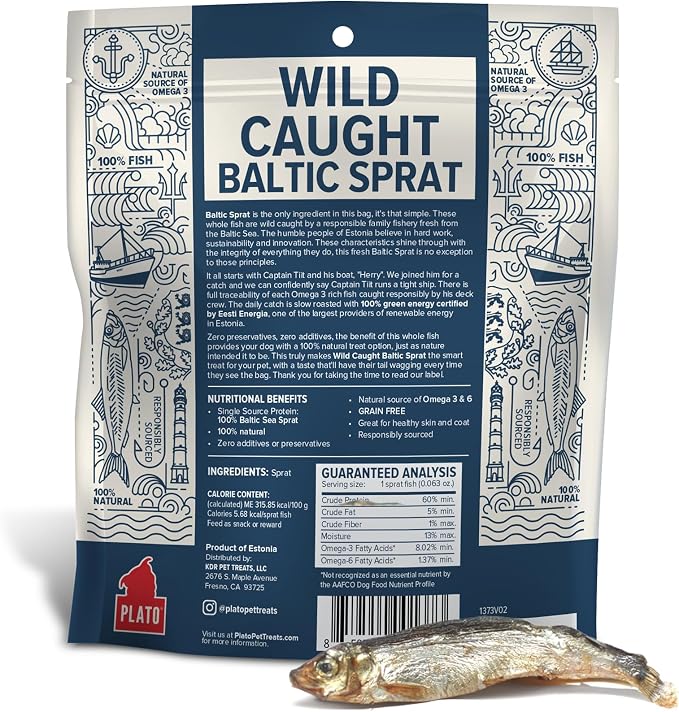 Plato Pet Treats Fish Dog Treats - Air-Dried, Single Ingredient Pet Treat - Omega 3 & 6 Fatty Acids to Support Skin and Coat - 100% Whole Fish - Wild Caught Baltic Sprat - 3 oz - 2 Pack