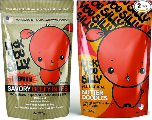 Lick You Silly: All-Natural Freeze-Dried Beef Liver and Peanut Butter Nutterdoodles Dog Treats - Made in the USA with Essential Ingredients for Dogs and Ages - 8 Ounce Pouch