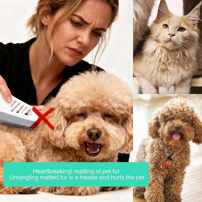 Professional Flea Comb for Long Haired Dogs & Cats - 3-Row Stainless Steel Dematting Tool with Negative Ions | Detangling Comb for Poodles Includes Cleaning Brush