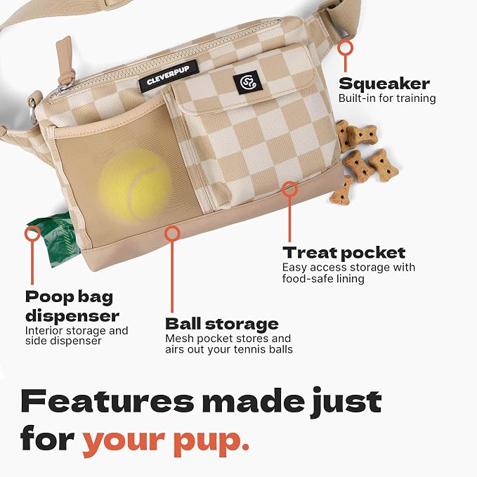 Cleverpup Walk & Train 2-in-1 Dog Walking Bag - Hands-Free Training Crossbody Sling & Fanny Pack with Treat Pouch, Poop Bag Holder, Phone Pockets - Adjustable Waist or Shoulder Strap - Checkerboard