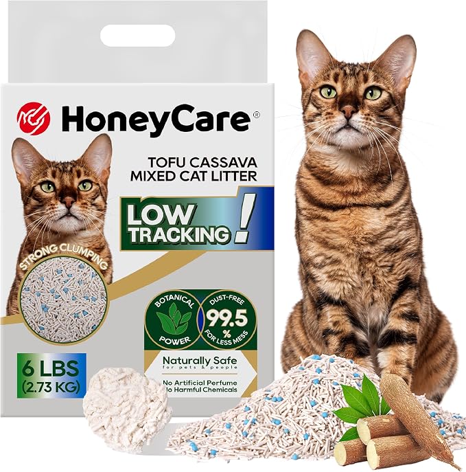 HoneyCare Cassava Tofu Mixed Cat Litter I Quick Clumping, Odor Control, Plant-Based Natural Ingredients, Non-Stick, Low Tracking, & Low Dust, 6 Lbs