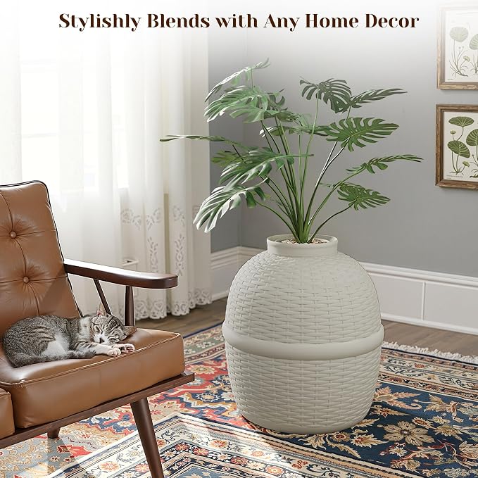 Hidden Plant Litter Box, Large Cat Litter Box Furniture with Odor Control Carbon Filter, Litter Box Enclosure for Home, Faux Plant and Real Stones, Gray