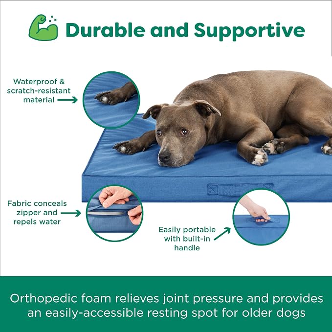 FurHaven Cooling Dog Bed – Large Foam Mattress for Joint Pain Relief, Waterproof Liner, Removable Washable Cover, Durable for Outdoor Use, Deluxe Grid Indoor/Outdoor Bed – Blue, Large