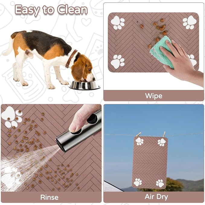Pet Feeding Mat-Absorbent Dog Feeding Mat for Food and Water Bowl,No Stains Pet Placemat,Quick Drying Water Dispenser Mat for Dog and Cat,Easy to Clean Dog Accessories(S,Dark Brown White Paw)