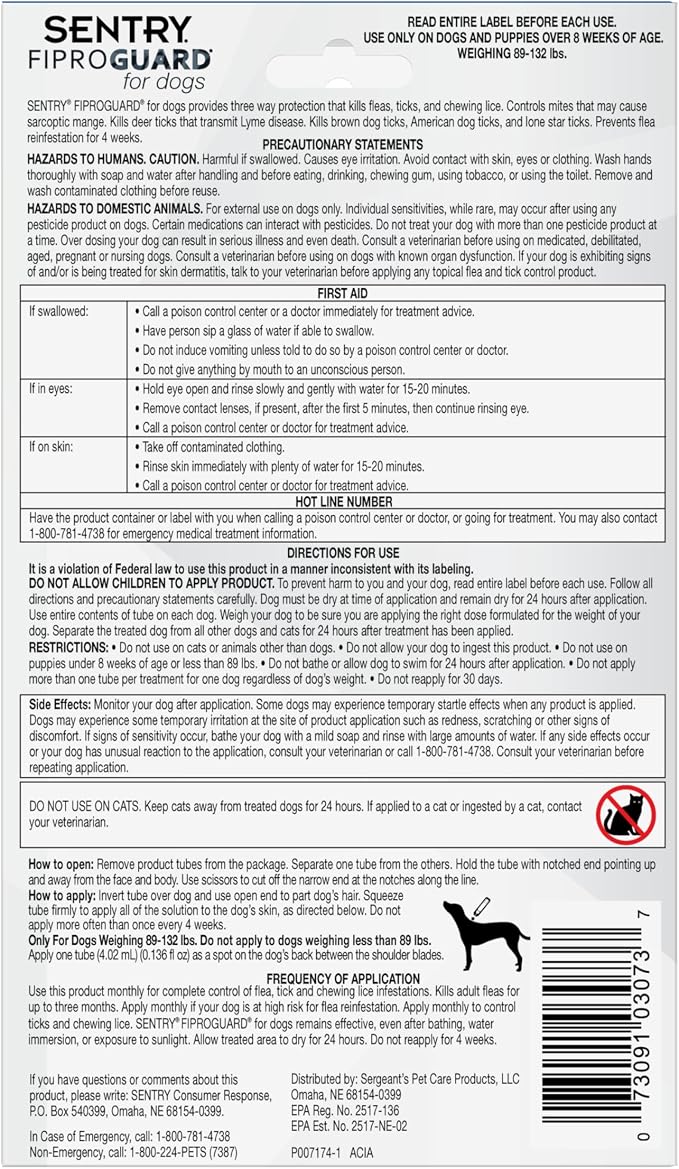 Sentry Fiproguard for Dogs, Flea and Tick Prevention for Dogs (89-132 Pounds), Includes 6 Month Supply of Topical Flea Treatments