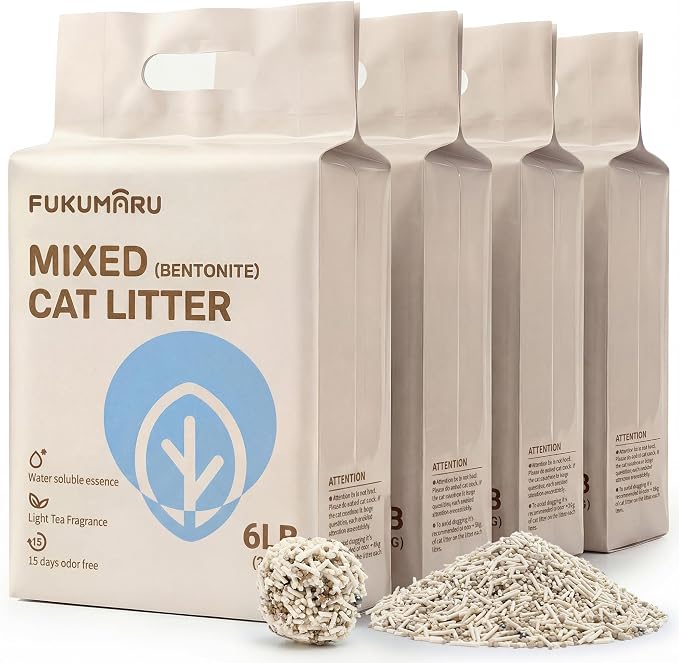 FUKUMARU Tofu Cat Litter - White Tea Scented Natural Lightweight Cat Litter Pellets, Dust Free Quick Clumping, Effective Odor Control, Flushable, Low Tracking, 24lb (6lb x 4 Bags)
