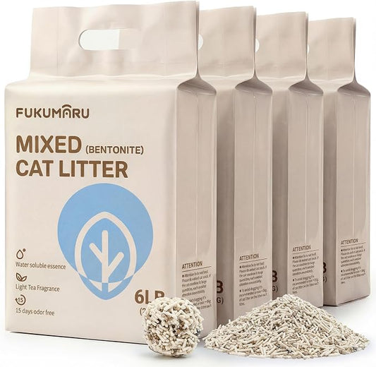 FUKUMARU Tofu Cat Litter - White Tea Scented Natural Lightweight Cat Litter Pellets, Dust Free Quick Clumping, Effective Odor Control, Flushable, Low Tracking, 24lb (6lb x 4 Bags)