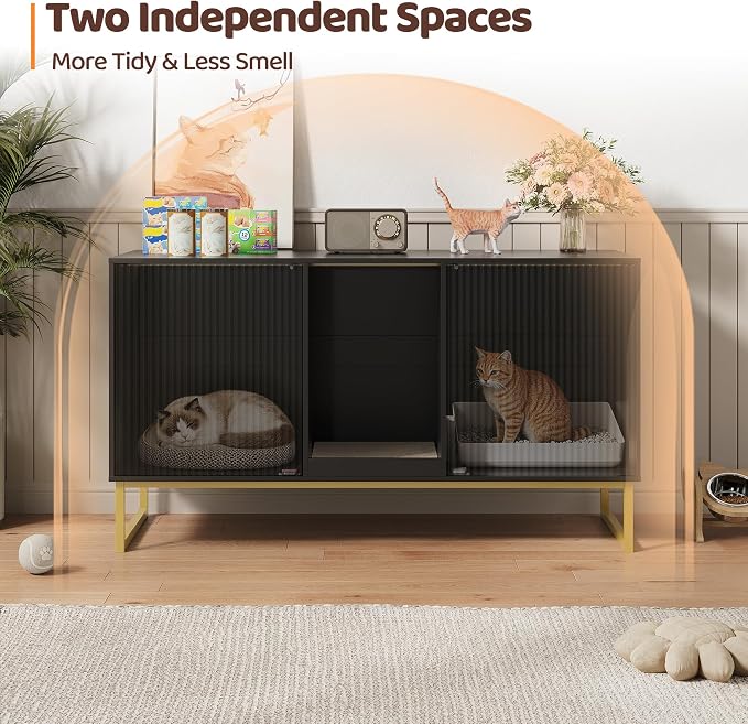 Kitty Litter Box Enclosure for 2 Cats, Small Hidden Cat Litter Box Furniture with Scratch Pad, Modern Fluted Double Litterbox Cabinet TV Stand for Kittens, Black