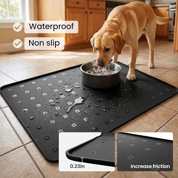 Silicone Pet Feeding Mat, 26x18 Inch Waterproof Dog Bowl Mat – Non-Slip, Machine Washable, Thin 0.28 Inch Edge for Messy Eaters, Protects Hardwood & Tile Floors, Black