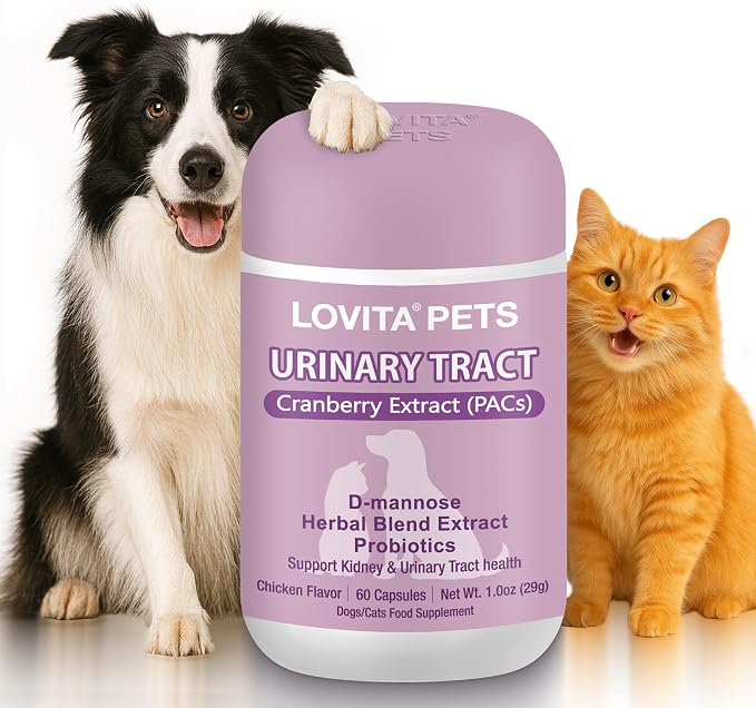 LOVITA Pets Urinary Tract Support for Dogs & Cats, with Cranberry Extract (PACs), D-Mannose and Probiotics, Daily Urinary Health Supplement, 60 Capsules