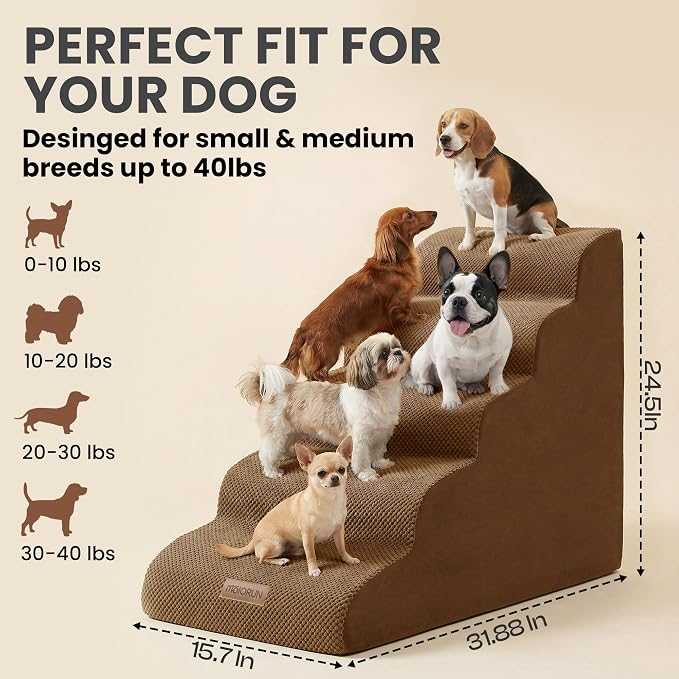 Dog Stairs for High Beds Up to 26-30", 5-Step Foam Pet Ramp with Washable Cover, Gentle Slope Steps, Bed & Couch Ladder for Small Medium Dogs & Senior Cat, Puppy Stairs to Get on Tall Furniture