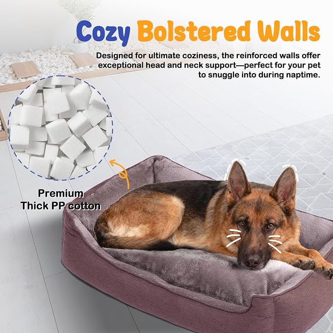 Makigued Rectangle Dog Bed for Large Size Dog with Removable Washable Cover Pet Bed with Bolster Sides Non-Slip Bottom Pet Sofa Waterproof Lining Durable Pet Cuddle, Dark Brown, 35x 26x 7.5 in
