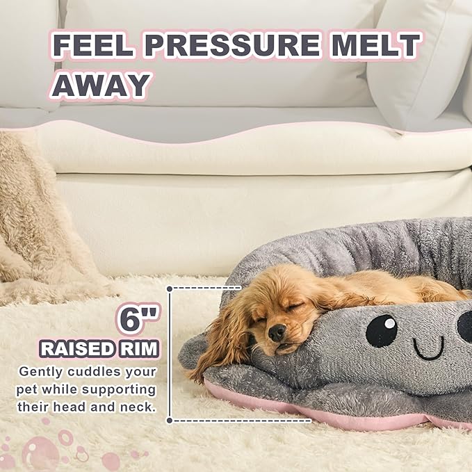 Jiupety Cute Calming Dog Beds Clearance for Large Dogs, Anxiety Bolster Dog Bed with Octopus Shape, Grey, L, Boho, Round Pet Bed Cat with Removable Cushion