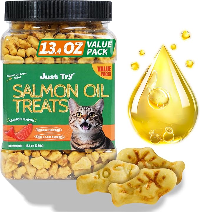 Just Try 13.4 OZ Cat Grass Treats Salmon Oil Natural Salmon Kitten Healthy Cat Treats Training Biscuits Snacks Fish Oil Omega 3 Supplements for Cats Joint Support & Skin Coat Health