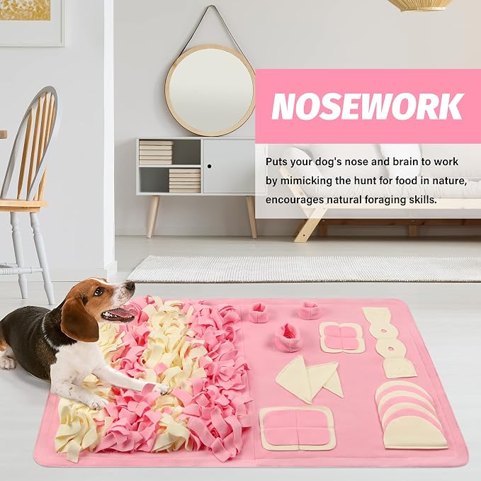 Snuffle Mat for Dogs: Slow Food Interactive Experience - 7 Enrichment Foraging Games for Large Dog Owners Needing to Burn Pet Energy - Washable 1000 Times - 22x38 inch - Pink