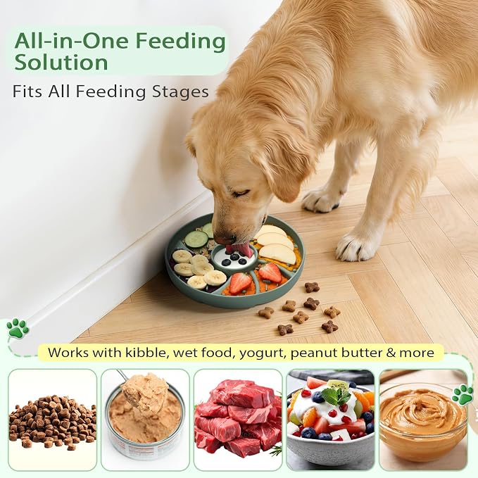 Silicone Dog & Cat Slow Feeder Bowl Lick Mat with Strong Suction Cups, Anti-Spill Design, Multi-Textured, Extend Mealtime, Reduce Anxiety, Dishwasher Safe, All Breeds & Ages (Green)