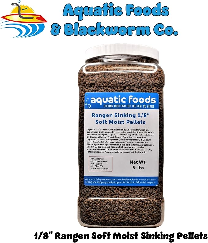1/8" Soft Moist Sinking Salmon Pellets for Juvenile Axolotls, Shrimp, Snails, Crabs, Small Amphibians, Bottom Tropical Fish...5-lb Lg Jar