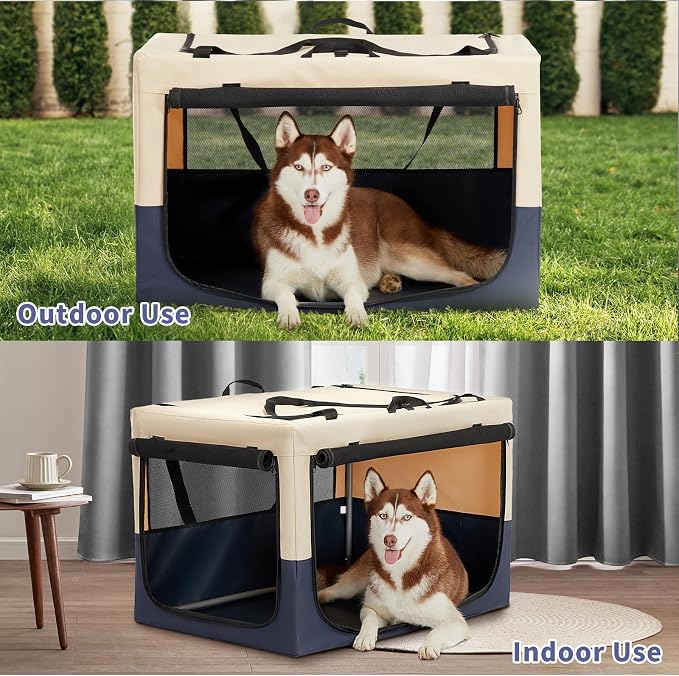 36" Collapsible Dog Crate for Large Dogs - Portable Soft Travel Kennel with Lockable Zippers, Waterproof Base, Washable Cover, Patented Screw Frame for Adjustable Tension, Outdoor, Indoor, Car Use