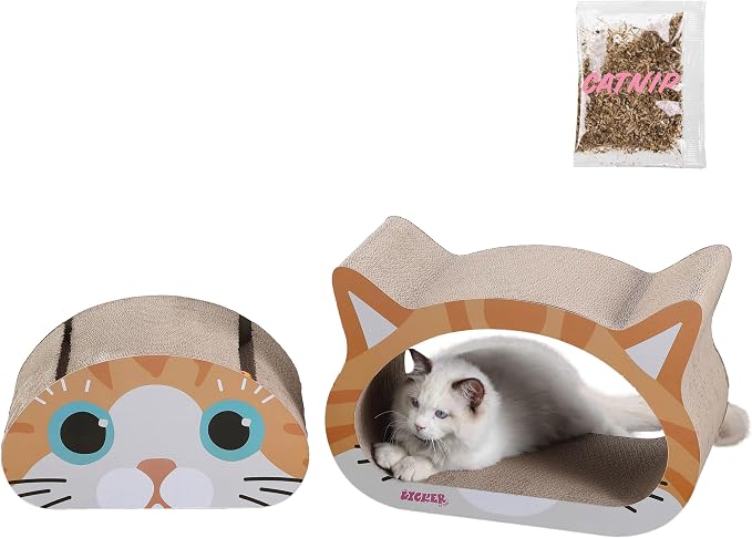 CSR1000C Opal 19" Modern Cardboard Happy Cat Head 2-in-1 Cat Cave Scratcher with Built-in Bell Toys and Catnip, Orange/Blue