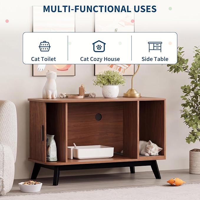 Garvee Cat Litter Box Enclosure, 39" Litter Box Enclosure Furniture Hidden Litter Box with Cat Litter Mat and Sliding Door, Modern Indoor Cat House, Side End Table for Living Room, Walnut