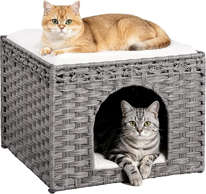 Snughome Handwoven Rattan Cat House - Indoor Foldable Cat Bed Cave with 2 Removable Bed Mats, Large Kitten House, Hideaway Pet Cube, 16.54 x 16.54 x 12.6 Inches, Grey, for Living Room & Bedroom