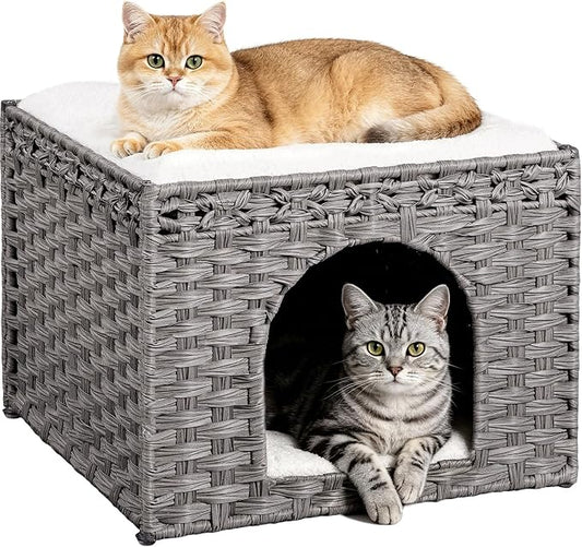 Snughome Handwoven Rattan Cat House - Indoor Foldable Cat Bed Cave with 2 Removable Bed Mats, Large Kitten House, Hideaway Pet Cube, 16.54 x 16.54 x 12.6 Inches, Grey, for Living Room & Bedroom