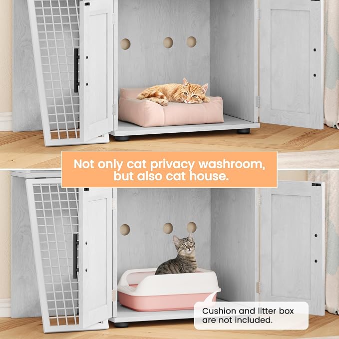 Cat Litter Box Enclosure Furniture with Double Layer Design, Hidden Litter Box & Lounge Villa for Indoor Cats - Includes Ladder, Platform, and Washroom Space for Living Room, Antique White