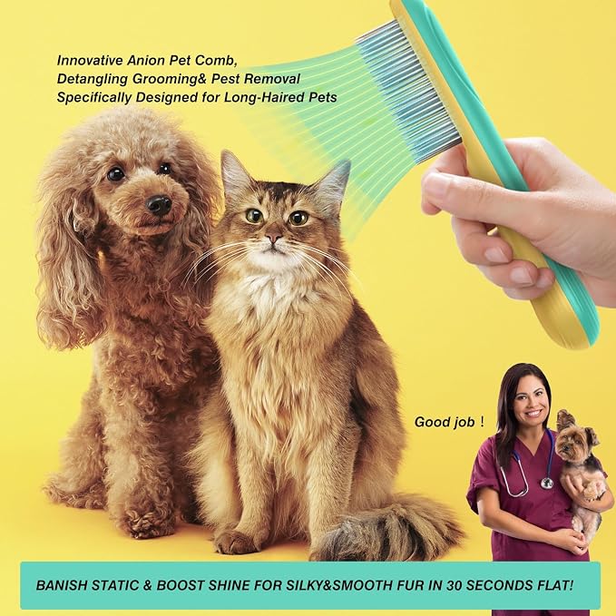 Professional 3-Row Tick & Flea Comb for Dogs & Cats - Stainless Steel Teeth with Negative Ion Anti-Static | Detangling Grooming Tool for Poodles, Shih Tzus & Long Haired Pets (One Size)