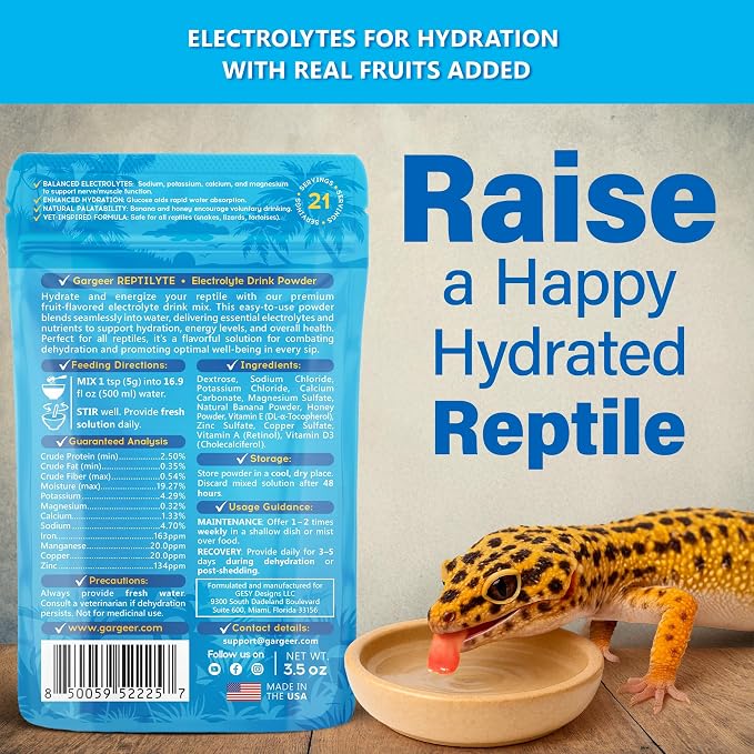 Gargeer 'ReptiLyte' Electrolyte Drink Supplement with Fruit for Reptiles | Hydration & Palatability Boost | Bearded Dragons, Geckos, Lizards, Tortoises | Made in USA. Enjoy!