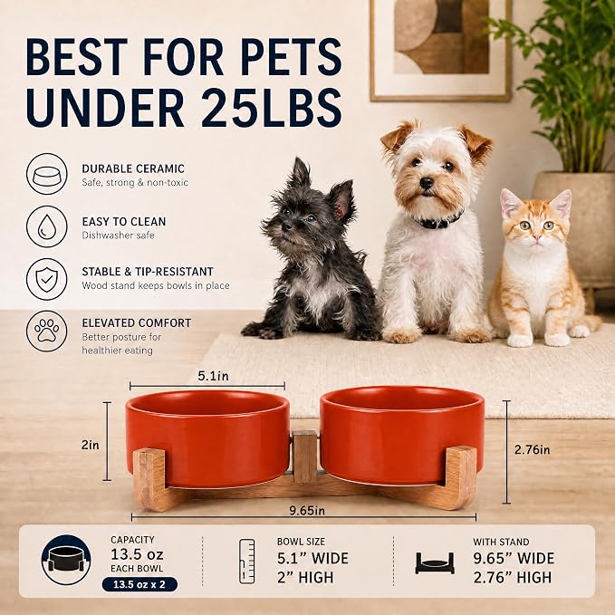 Petygooing Dog Bowls,Ceramic Cat Dog Bowl Set with Wood Stand for Food and Water,Non-Slip Cute Modern Pet Dish for Cats Small Size Dogs Puppy (13.5OZ/5.1 in) Rust Red