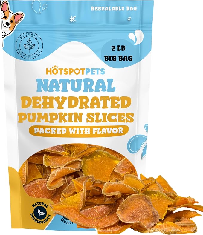 hotspot pets Dehydrated Natural Pumpkin Slices for Dogs - Crunchy Treats - 2lb Value Bag, All-Natural - High Protein, Great for Sensitive Stomachs, Low Fat, a Healthy Rawhide Alternative for All Dogs