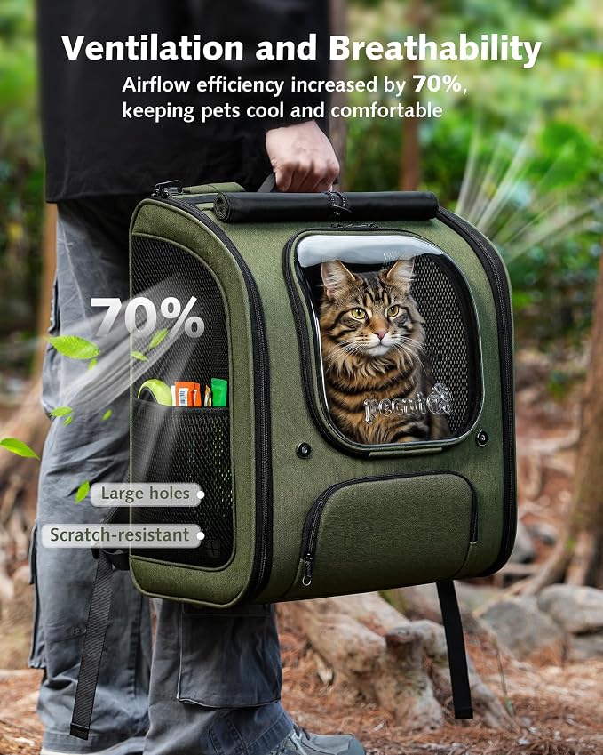 Pecute Cat Backpack Carrier XL, Large Space Cat Bubble Backpack, Breathable Cat Carrier, Shaded Dog Backpack Carrier, Ergonomic 3D Design for Travel, Hiking, for Medium Dogs up to 15lbs, Green