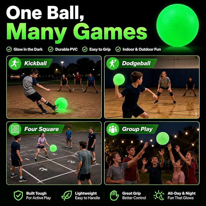 Hiboom Glow in The Dark Kickballs Dodgeballs, 8.5"/ 10"/ 6" Light up 4 Square Ball with Pump, No Battery Needed Playground Balls for Backyard School and Outdoor Night Activities