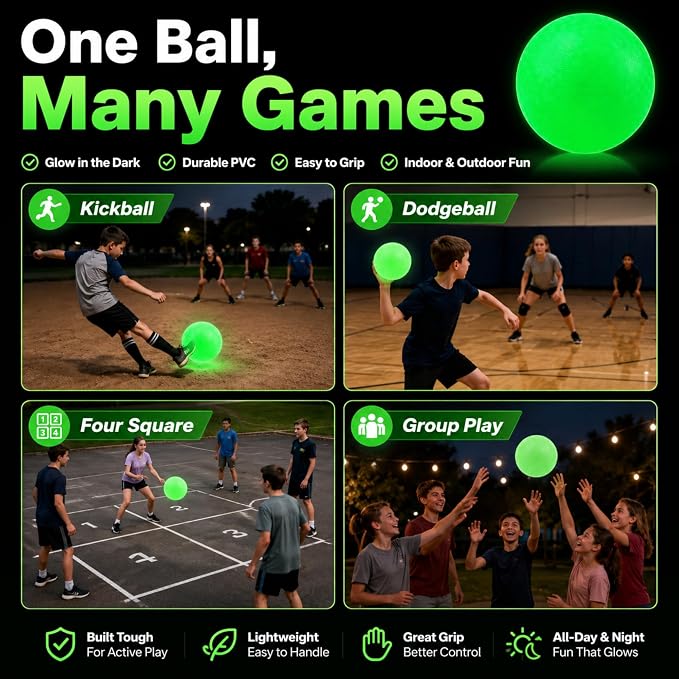 Hiboom Glow in The Dark Kickballs Dodgeballs, 8.5"/ 10"/ 6" Light up 4 Square Ball with Pump, No Battery Needed Playground Balls for Backyard School and Outdoor Night Activities