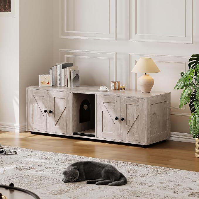 Garvee Cat Litter Box Enclosure for 2 Cats, Hidden Litter Box Furniture Cabinet with Double Room, Double Cat Litter Box Enclosure, Indoor Cat House, 43.4 x 18.1 x 17.7 Inches