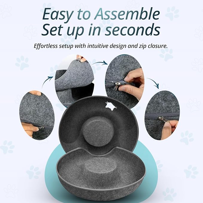 MeowMates Peekaboo Cat Cave Donut Bed for Multiple Cats Upto 45lbs, 3-in-1 Large Cat Tunnel & Donut Bed Combo w Round Tunnel Scratcher for Indoor Cats, Hanging Toy, Washable & Detachable - Dark Grey