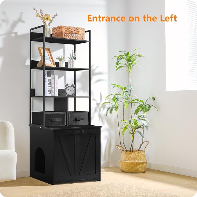 DWANTON Litter Box Enclosure with 3 Storage Shelves and 2 Drawers, 2-in-1 Hidden Cat Litter Box Enclosure Furniture with Shelf, Reversible Entrance, Washable Drawers, 61.8-Inch, Black