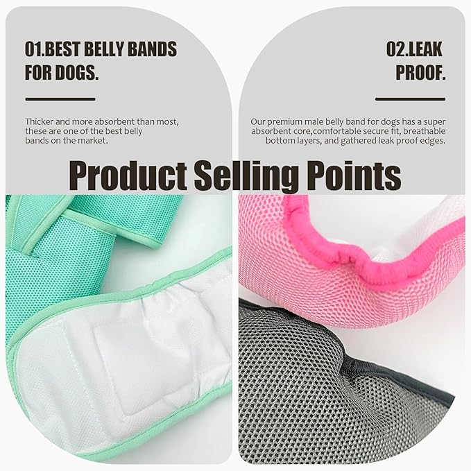 3PC Cute Belly Bands for Male Dogs with 3D Ears, Washable Reusable Dog Diaper, Breathable Mesh Wrap for Training & Incontinence, Adjustable Comfort Fit（Pink-XS）