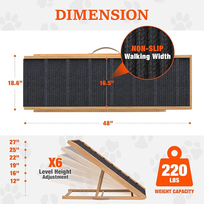 Adjustable Dog Ramp for Bed - 48" Long Foldable Wooden Ramp for Dogs to Get on Bed, Couch, or Car with 16.5" Wide Walking Space (Natural Wood with Gray Carpet)