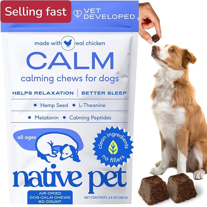 Native Pet Calming Chews for Dogs - Promotes Calming Effect, Supports Emotional Balance & Reduces Hyperactivity - Hemp Seed, Melatonin for Dogs, L-Theanine & Casein -Air-Dried 60 Chews