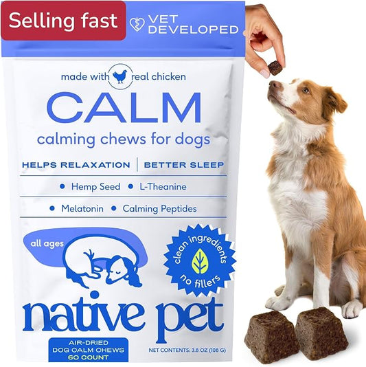 Native Pet Calming Chews for Dogs - Promotes Calming Effect, Supports Emotional Balance & Reduces Hyperactivity - Hemp Seed, Melatonin for Dogs, L-Theanine & Casein -Air-Dried 60 Chews