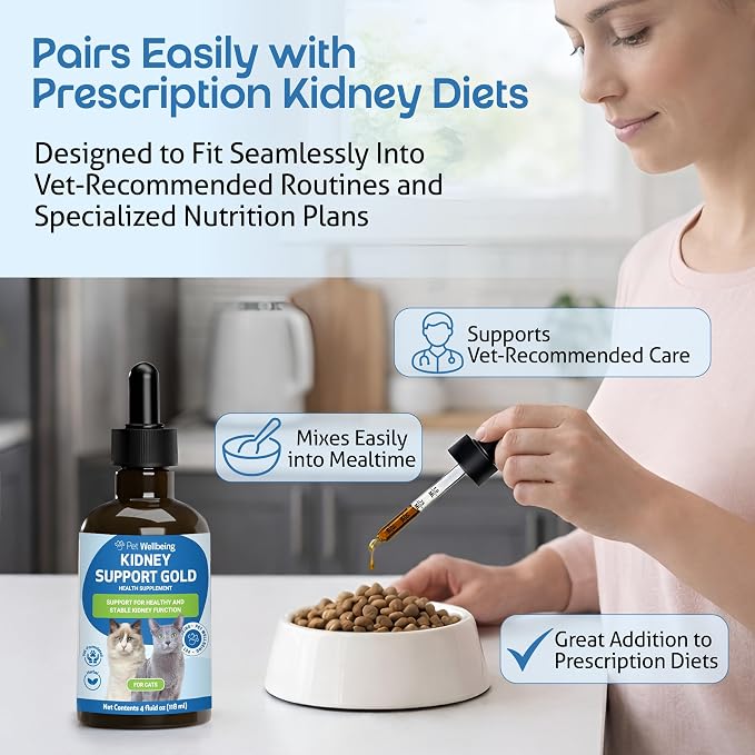 Pet Wellbeing Kidney Support Gold for Cats - Supports Normal Kidney Function & Detox, Healthy Hydration & Energy with Rehmannia & Dong Quai - NASC Certified & Vet-Formulated - 4 oz Liquid Formula