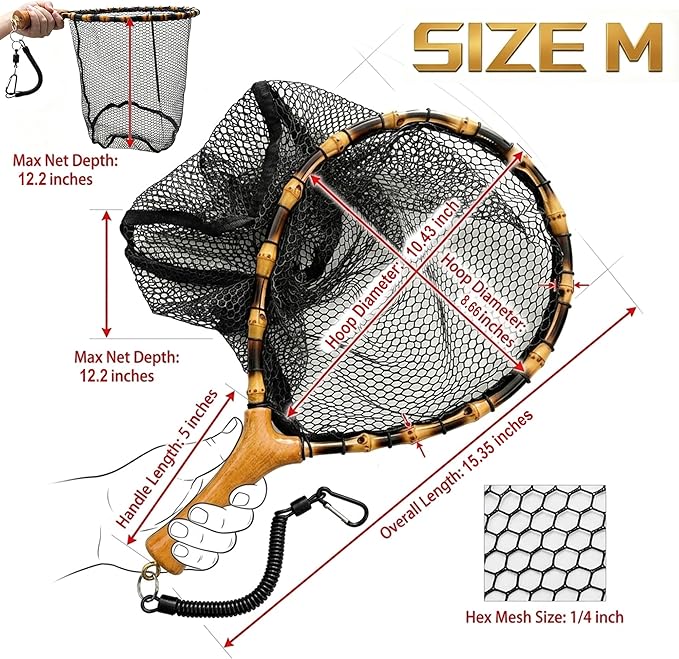 Floating Handcrafted Bamboo Fly Fishing Landing Net, Solid Wood Handle, Soft Rubber Coated Mesh for Trout, Kayak & Stream Fishing, Includes Magnetic Release & Safety Lanyard